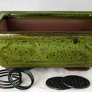 Rectangular Shohin Bonsai Pot, Cactus & Succulent Planter 6"x 4.5"x 2.25" w/Mesh & Wire - Moss Green