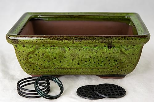 Rectangular Shohin Bonsai Pot, Cactus & Succulent Planter 6"x 4.5"x 2.25" w/Mesh & Wire - Moss Green