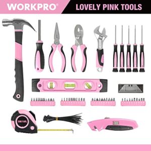 WORKPRO Pink Tool Kit - Hand Tool Set with Easy Carrying Round Pouch - Durable, Long Lasting Chrome Finish Tools - Household Tool Kit Perfect for DIY, Home Maintenance - Pink Ribbon