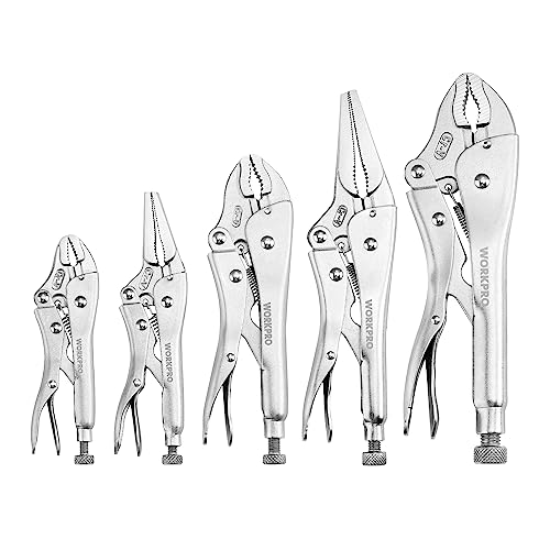 WORKPRO 5-Piece Locking Pliers Set, Pliers Tool Set, Vice Grips with Chrome-vanadium Steel, 5/7/10 inch Curved Jaw Pliers, 6.5/9 inch Long Nose Pliers