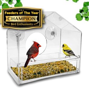 nature gear window bird feeder - refillable sliding tray - weather proof - snow and squirrel resistant - drains rain water - see songbirds from home! (house style) (house model)