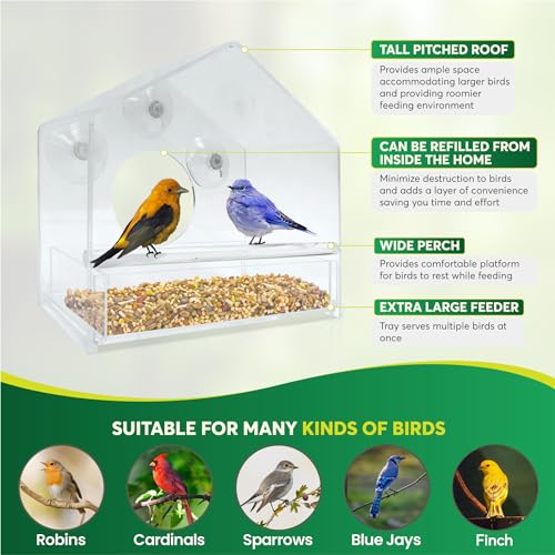 Nature Gear Window Bird Feeder - Refillable Sliding Tray - Weather Proof - Snow and Squirrel Resistant - Drains Rain Water - See Songbirds from Home! (House Style) (House Model)