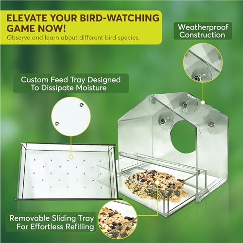 Nature Gear Window Bird Feeder - Refillable Sliding Tray - Weather Proof - Snow and Squirrel Resistant - Drains Rain Water - See Songbirds from Home! (House Style) (House Model)