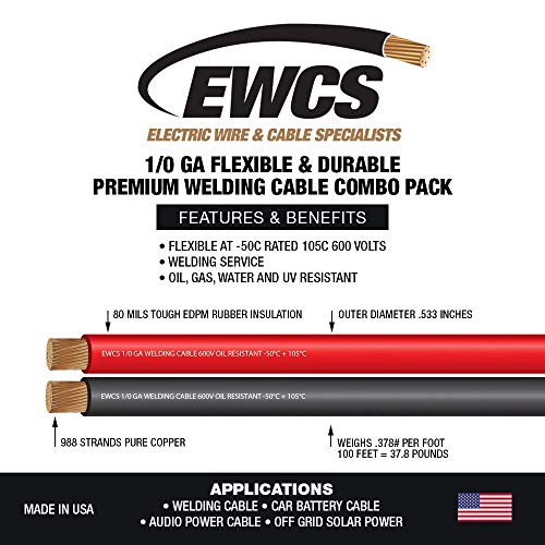 EWCS 1/0 Gauge Premium Extra Flexible Welding Cable 600 Volt - Combo Pack - Black + Red - 25 Feet of Each Color - Made in The USA