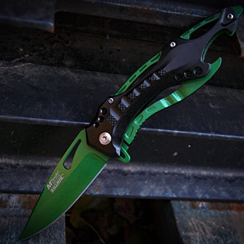 MTech USA – Spring Assisted Folding Knife – Green Electroplated Fine Edge Stainless Steel Blade, Black Aluminum Handle, Pocket Clip, Tactical, EDC, Self Defense- MT-A705GN