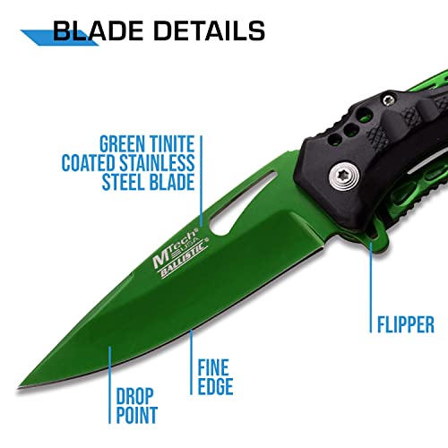 MTech USA – Spring Assisted Folding Knife – Green Electroplated Fine Edge Stainless Steel Blade, Black Aluminum Handle, Pocket Clip, Tactical, EDC, Self Defense- MT-A705GN