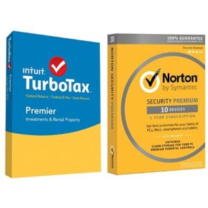turbotax premier 2015 federal + state taxes + fed efile tax preparation software - pc/mac disc with norton security premium - 10 devices
