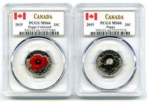 2015 canada poppy flanders fields remembrance two coin quarter set pcgs color and non-color ms66