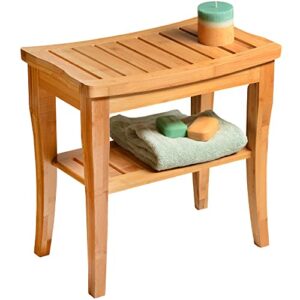 bamboo shower bench spa stool - wood 2-tier seat, foot rest shaving stool with non-slip feet + storage shelf - seat or organizer for bathroom, living room, bedroom and garden décor