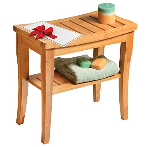 Bamboo Shower Bench Spa Stool - Wood 2-Tier Seat, Foot Rest Shaving Stool with Non-Slip Feet + Storage Shelf - Seat or Organizer for Bathroom, Living Room, Bedroom and Garden Décor