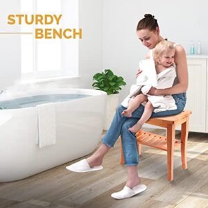 Bamboo Shower Bench Spa Stool - Wood 2-Tier Seat, Foot Rest Shaving Stool with Non-Slip Feet + Storage Shelf - Seat or Organizer for Bathroom, Living Room, Bedroom and Garden Décor