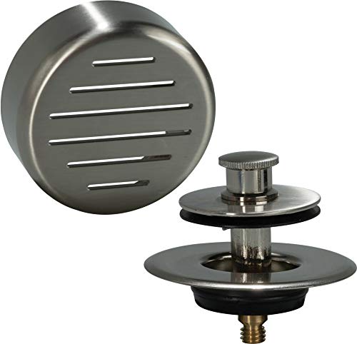 AB&A 60111 Tub Drain Trim Kit with Push eN Lift Stopper, Classic High-Capacity Overflow Plate, and Press-in Strainer Cover, Satin Nickel