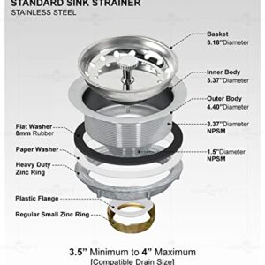 Highcraft 7511 Kitchen Sink (3-1/2'' Inch) Stainless Steel Drain Assembly With Strainer Basket-and Rubber Stopper, 3.5