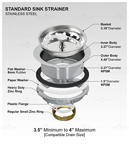 Highcraft 7511 Kitchen Sink (3-1/2'' Inch) Stainless Steel Drain Assembly With Strainer Basket-and Rubber Stopper, 3.5