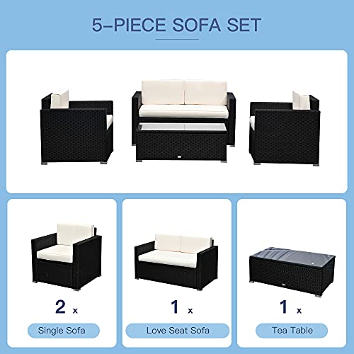 Outsunny 4 Piece Wicker Patio Furniture Set with Cushions, Outdoor Sectional Furniture with 2 Sofa, Loveseat, and Glass Top Coffee Table, Conversation Sofa Sets for Garden, White