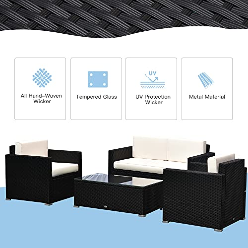 Outsunny 4 Piece Wicker Patio Furniture Set with Cushions, Outdoor Sectional Furniture with 2 Sofa, Loveseat, and Glass Top Coffee Table, Conversation Sofa Sets for Garden, White