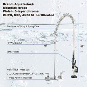 Aquaterior 41" Height Commercial Kitchen Sink Faucet Pre-Rinse Wall-Mount Faucet Double Handle Brass with Pull Down Fit for 2/3 Compartment Sink CUPC NSF ANSI CEC