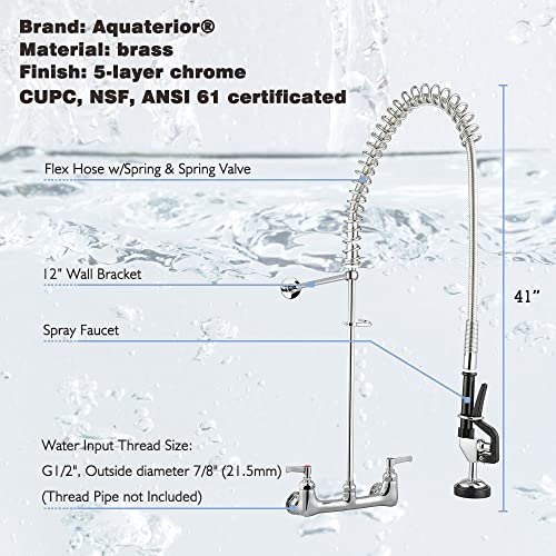 Aquaterior 41" Height Commercial Kitchen Sink Faucet Pre-Rinse Wall-Mount Faucet Double Handle Brass with Pull Down Fit for 2/3 Compartment Sink CUPC NSF ANSI CEC