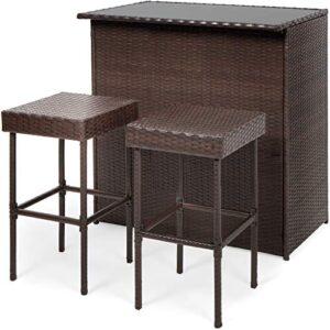 best choice products 3-piece all-weather wicker bar table set for indoor outdoor, kitchen, patio, backyard w/ 2 stools, glass tabletop, storage shelves - brown