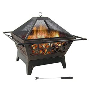 sunnydaze northern galaxy 32-inch heavy-duty square fire pit with cooking grill grate, spark screen, and fireplace poker