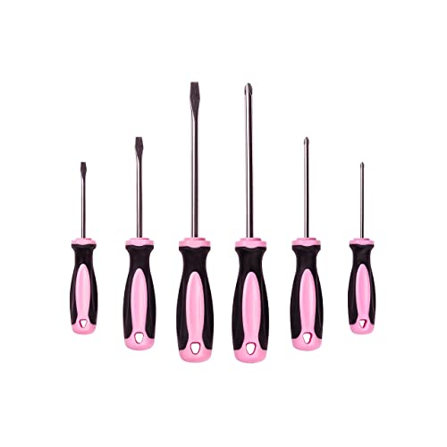 Pink Power Magnetic Screwdriver Set - 6 Piece Phillips Head and Flat Head Hand Pink Tool Set for Women & Ladies - Insulated Screwdriver Kit with Magnetic Tip - Screw Drivers Set