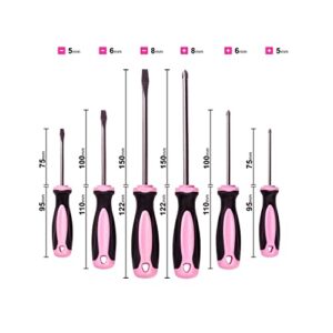 Pink Power Magnetic Screwdriver Set - 6 Piece Phillips Head and Flat Head Hand Pink Tool Set for Women & Ladies - Insulated Screwdriver Kit with Magnetic Tip - Screw Drivers Set