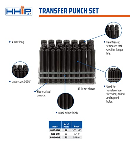 HHIP 8600-0041 28 Piece Transfer Punch Set, 3/32" - 1/2"