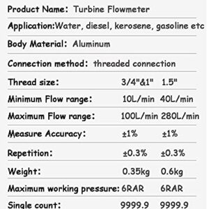 Turbine Flow Meter Electronic 3/4" 3/4 inch 10-100L/Min Oil Flowmeter Kerosene Gas Methanol Diesel Fuel Flow Digital Meter Oval Gear Gauge LCD BSPT/NPT with Battery