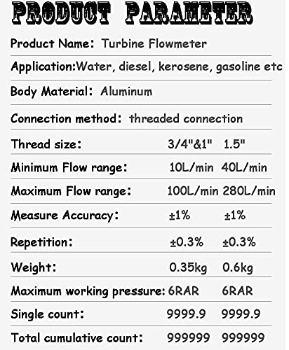 Turbine Flow Meter Electronic 3/4" 3/4 inch 10-100L/Min Oil Flowmeter Kerosene Gas Methanol Diesel Fuel Flow Digital Meter Oval Gear Gauge LCD BSPT/NPT with Battery