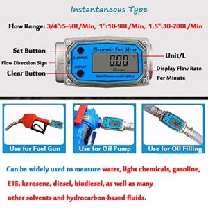 Turbine Flow Meter Electronic 3/4" 3/4 inch 10-100L/Min Oil Flowmeter Kerosene Gas Methanol Diesel Fuel Flow Digital Meter Oval Gear Gauge LCD BSPT/NPT with Battery