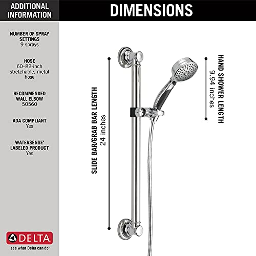 Delta Faucet 9-Spray Slide Bar Hand Held Shower with Hose, Chrome Handheld Shower Head, Slide Bar Hand Shower, Handheld Shower, Detachable Shower Head, Chrome 51900