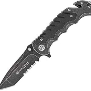 Smith & Wesson Border Guard SWBG10S 8.3in High Carbon S.S. Folding Knife with 3.5in Serrated Tanto Blade and Aluminum Handle for Outdoor, Tactical, Survival and EDC ,Black