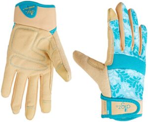 digz 7606-23 high performance women's gardening gloves, work gloves with touchscreen compatible fingertips, blue leaves pattern, medium, orange