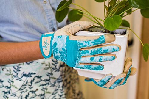 DIGZ 7606-23 High Performance Women's Gardening Gloves, Work Gloves with Touchscreen Compatible Fingertips, Blue Leaves Pattern, Medium, Orange