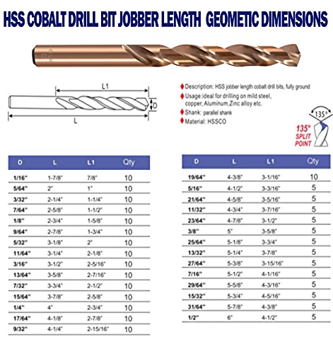 HSS Cobalt Drill Bits 3/16 in.x 3-1/2 in.Jobber Length M35 Twist Drill Steel Metal Iron-10Pcs