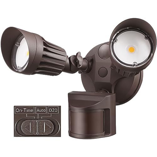 LEONLITE COB LED Security Light, Commercial Motion Sensor Flood Lights Outdoor, 3 Modes Motion Detector+Dusk to Dawn+Switch Control, 100-277V, Adjustable 2-Head, IP65, 5000K Daylight, ETL, Bronze