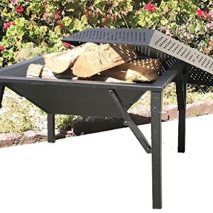 Zynuo 27 Inch Big Black Metal Square Design Charcoal and Wood Log Burning Outdoor Foldable Portable Patio Fire Pit with Spark Screen Cover