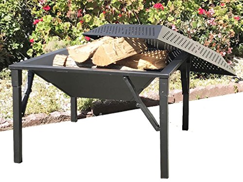 Zynuo 27 Inch Big Black Metal Square Design Charcoal and Wood Log Burning Outdoor Foldable Portable Patio Fire Pit with Spark Screen Cover