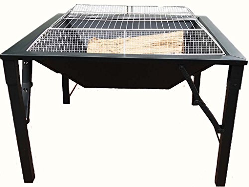 Zynuo 27 Inch Big Black Metal Square Design Charcoal and Wood Log Burning BBQ Grill Outdoor Foldable Portable Patio Fire Pit with Stainless Steel Spark Screen Cover and Hook