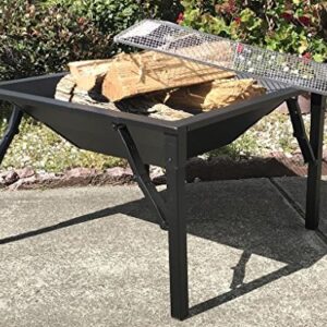 Zynuo 27 Inch Big Black Metal Square Design Charcoal and Wood Log Burning BBQ Grill Outdoor Foldable Portable Patio Fire Pit with Stainless Steel Spark Screen Cover and Hook