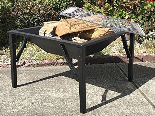 Zynuo 27 Inch Big Black Metal Square Design Charcoal and Wood Log Burning BBQ Grill Outdoor Foldable Portable Patio Fire Pit with Stainless Steel Spark Screen Cover and Hook