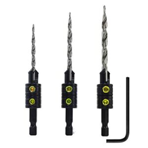 snappy tools 44300 new 3-piece hex shank tapered drill countersinks set for #6/#8/#10 wood screws, reusable, use with round shank tapered twist drills, 1.8-inch hex key, 1/4-inch hex power bit shank