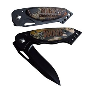 custom engraved folding pocket knife with wood handle, personalized groomsmen, husband, fishing, hunting, gift knife (camo handle)