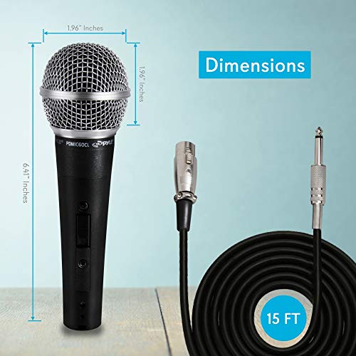 Pyle Professional Dynamic Vocal Microphone - Moving Coil Dynamic Cardioid Unidirectional Handheld Microphone with ON/OFF Switch Includes 15ft XLR Audio Cable to 1/4'' Audio Connection - PDMIC59,Black