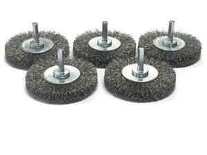 benchmark abrasives 2-1/2" mounted crimped wire wheel for cleaning deburring on cast iron, steel, titanium, nickel, 1/4" shank for rotary tools (5 pack) - carbon steel
