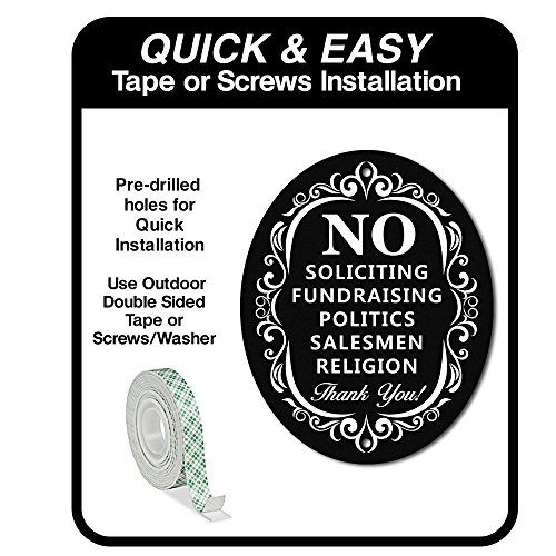 Signs Authority No Soliciting Signs for Home | 6"x 4.75" Dibond Aluminum | Sturdy and Durable Metal | Easy Installation | Laser Cut Oval Sign for Front Door of House | Private Property Signage (Black)