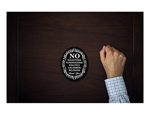 Signs Authority No Soliciting Signs for Home | 6"x 4.75" Dibond Aluminum | Sturdy and Durable Metal | Easy Installation | Laser Cut Oval Sign for Front Door of House | Private Property Signage (Black)