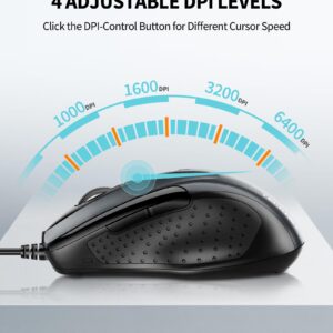 TECKNET Pro S2 High Performance Wired USB Mouse, 6 Buttons, Upto 2000dpi