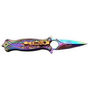 Masters Collection – Spring Assisted Open Folding Pocket Knife – Rainbow Stainless Steel Blade, Rainbow Handle w/ Sculpted Ninja, Pocket Clip, Glass Punch, EDC, Collectible, Self Defense – MC-A030RB