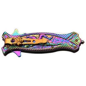 Masters Collection – Spring Assisted Open Folding Pocket Knife – Rainbow Stainless Steel Blade, Rainbow Handle w/ Sculpted Ninja, Pocket Clip, Glass Punch, EDC, Collectible, Self Defense – MC-A030RB